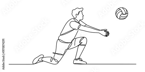 A single continuous line drawing of a male volleyball player performing a dig with a ball in air Vector, illustration