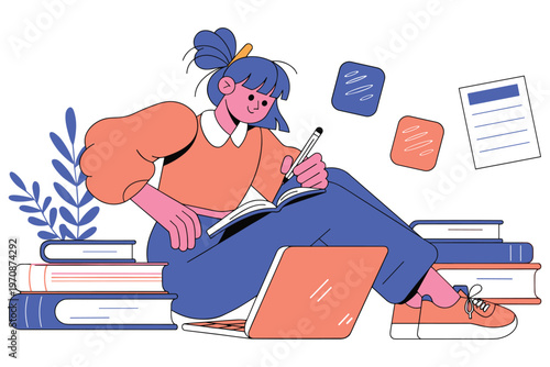 Girl writing in notebook with laptop and books, studying and learning concept.