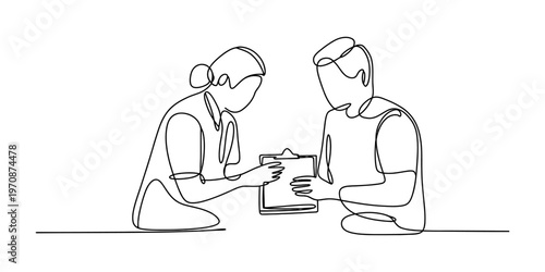 Continuous single line drawing of a doctor consulting with a patient in a medical office clinic Vector, illustration