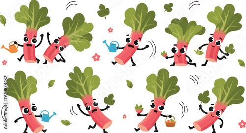 Cute rhubarb cartoon vector set with happy vegetable characters gardening watering and playful organic food illustrations for kids design