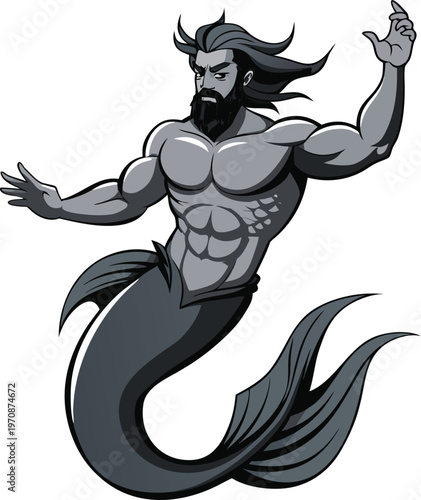 Muscular Merman Tattoo Design Swimming Upward in Dynamic Pose