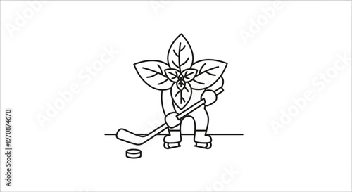 Basil Leaf Character Playing Hockey with Puck and Stick