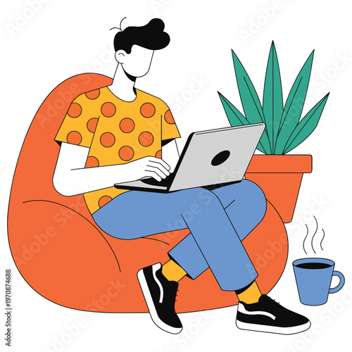 Man working on laptop on orange beanbag chair with coffee and plant.