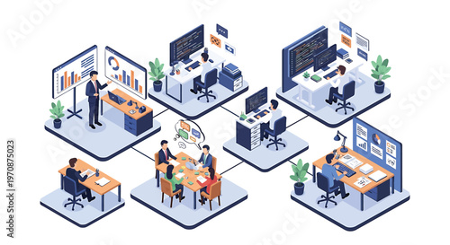 Isometric office spaces, modern workplaces, coworking areas, business environments, team collaboration