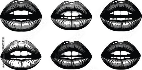 Black and white glossy lips vector set, sensual female mouth collection, pop art style lipstick illustration, beauty fashion graphic, expressive lip poses design