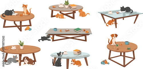 Cute pets on coffee table vector set with cats and dogs cozy home scenes interior lifestyle illustrations collection