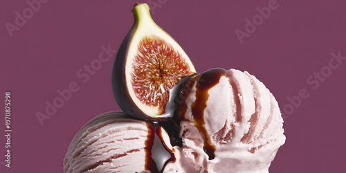 Scoops of pink ice cream with fig and chocolate sauce topping on purple background