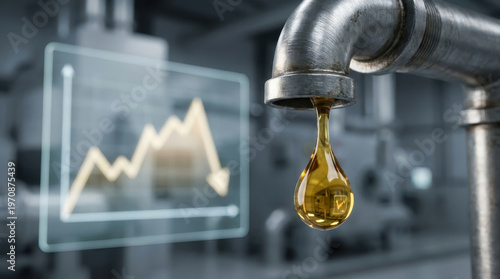 Oil price shock concept pipeline drop golden oil drop hanging from metal pipeline industrial setting with falling price chart background showing oil price shock concept for energy market
