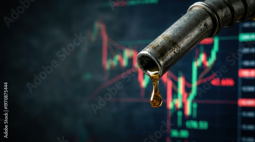 Oil price oil shock concept fuel market Oil price oil shock concept fuel market trading chart with dripping oil from metal nozzle and blurred candlestick graph background highlighting energy