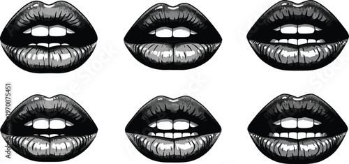 Black and white glossy lips illustration set, pop art style sensual female mouth collection, expressive lip poses, fashion beauty vector, modern graphic design
