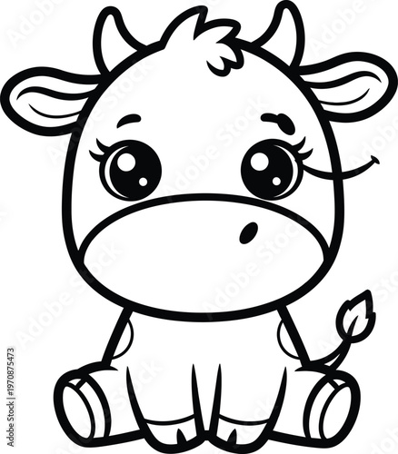 Cute cartoon baby cow sitting, black and white line art illustration