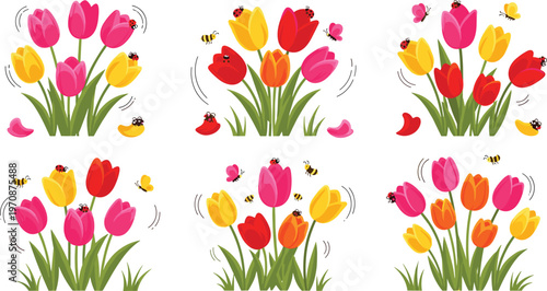 Tulip flowers with bees vector set colorful spring garden blossoms with flying insects and floral nature illustrations