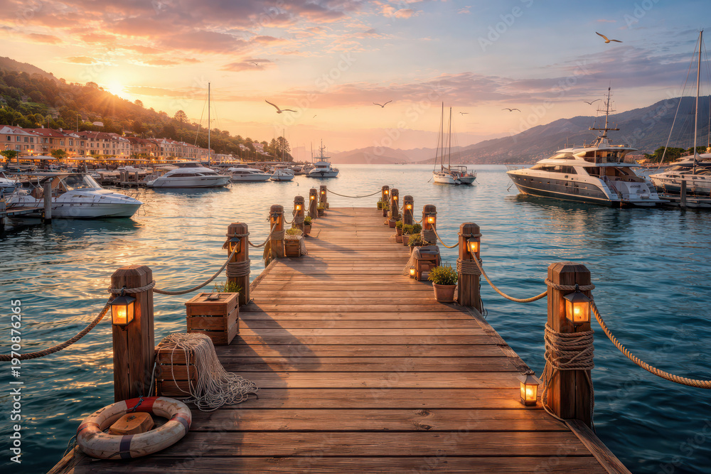 Fototapeta premium Scenic view of a wooden pier at sunset with boats and mountains in the background.
