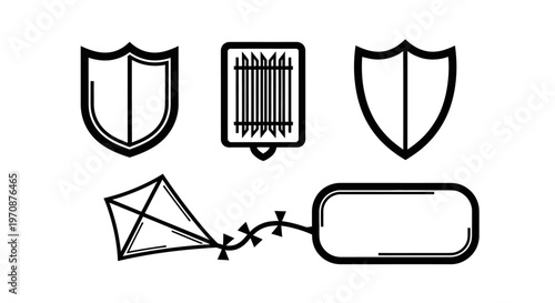Hand drawn medieval and recreational icons shields kite and frame