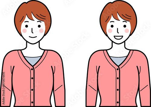 正面向き。腕をおろしたカーディガンを着た若い女性。