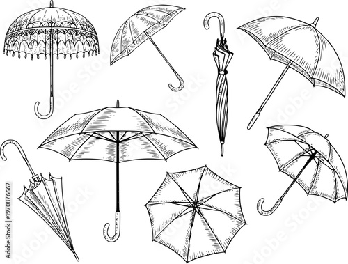 Collection of Hand Drawn Umbrellas in Various Open and Closed Positions White Background