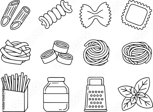 Collection of Italian Pasta Shapes and Cooking Utensils Line food
