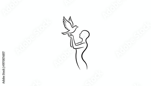 Silhouette of a person releasing a dove, symbol of peace, freedom, and hope