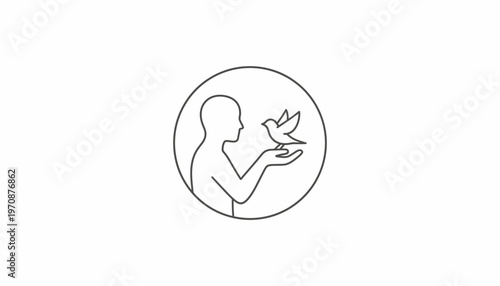 Silhouette of person holding a bird in a circle, symbolizing freedom, hope, and peace