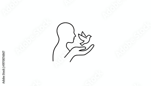 Silhouette of Head and Hand Releasing a Dove, Symbolizing Freedom, Peace, and Hope