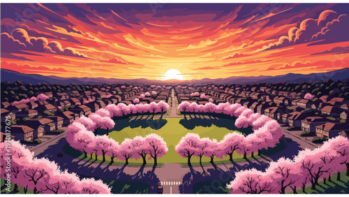 Vibrant Pixel Art Sunset Over Suburban Neighborhood with Blooming Cherry Blossom Park and Residential Houses