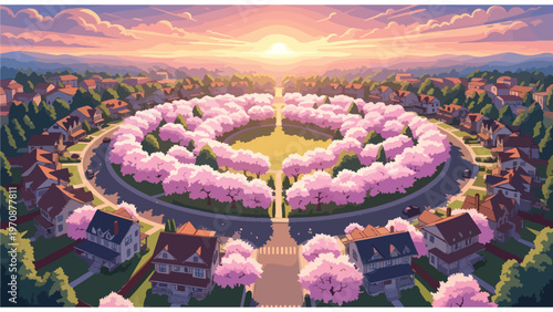 Golden Sunrise over Idyllic Suburban Neighborhood with Pink Cherry Blossoms: Aerial View of a Circular Street and Park in Bloom, Spring Community