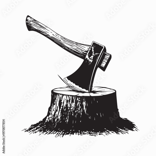 Traditional Chopping Axe Stuck In Wood Log Vector On White Background