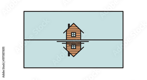 Reflection of a wooden house on a calm water surface, symbolizing balance and harmony