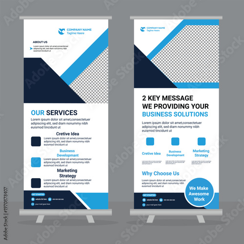 Roll up banner template blue and black with business solutions and services