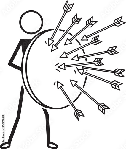 Stick figure shielding against numerous arrows in a black and white drawing