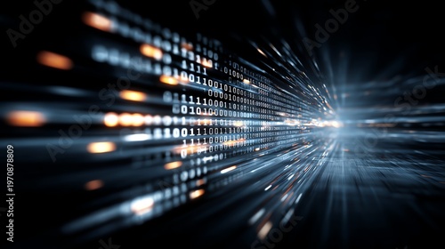 A futuristic representation of data transmission, showcasing streams of binary code and light bursts
