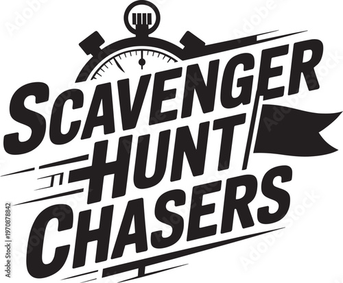 Canvastavla Scavenger Hunt Chasers Text With Stopwatch And Flag Illustration For Adventure A