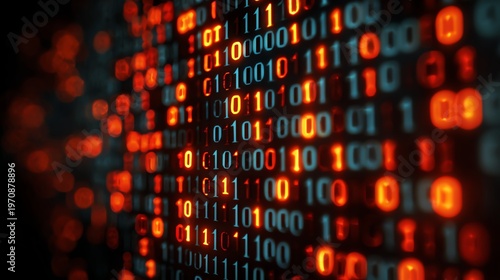 A close-up view of illuminated binary code displayed in vibrant red and orange colors. This image represents digital data, programming, and modern technology concepts.