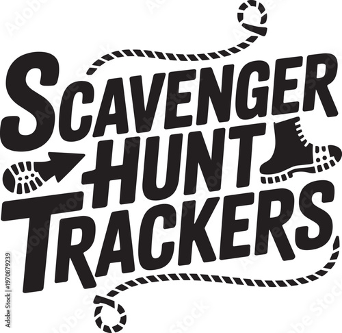 Billede på lærred Scavenger Hunt Trackers Text With Boot And Arrow Vector For Outdoor And Font