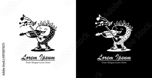 Logo design in the form of a cartoon of a strawberry playing the violin