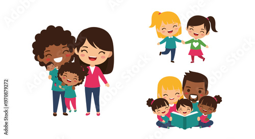 Diverse Happy Families and Children Vector Illustration - Flat Design Cartoon Style for Parenting, Childhood, and Inclusivity Concepts