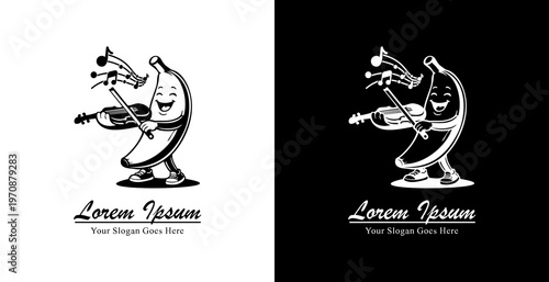 Logo design in the form of a cartoon of a banana playing the violin