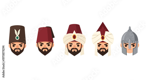 Diverse Ottoman Historical Figures Vector Illustration with Traditional Headwear and Beards in Flat Cartoon Style for Cultural and Educational Design Projects