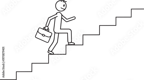 Stick figure businessman climbing stairs with a briefcase symbolizing career progress