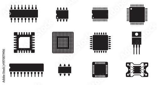 PrintIntegrated Circuit (IC) Package Set - Black Vector Silhouettes of Microchip Types including DIP, SOIC, QFP, BGA, and SMD Components Isolated on White.
