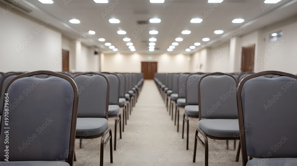 Fototapeta premium An empty conference hall with rows of gray chairs illuminated by bright ceiling lights viewed from the front