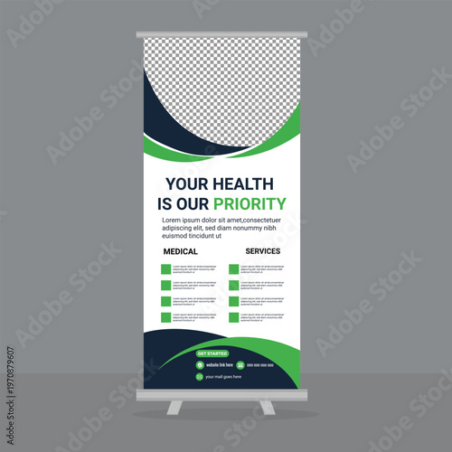 Medical roll up banner with green and blue design elements template