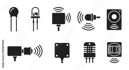 PrintElectronic Sensors and Detectors Silhouette Icon Set, Black Vector Engineering Components for Temperature, Light, and Motion Sensing.