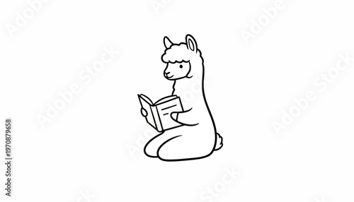 Cute Alpaca Reading a Book, Adorable Animal Character, Vector Illustration
