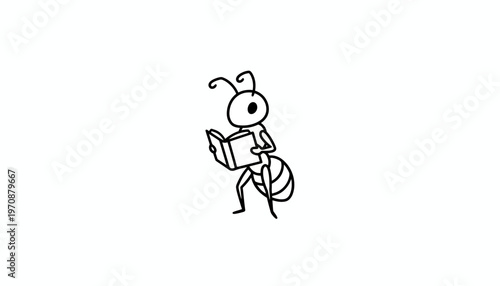 Cute Ant Reading a Book, Education Concept, White Background, Cartoon Style