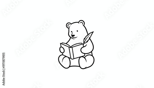 Cute Bear Reading Book with Feather Pen, Illustration