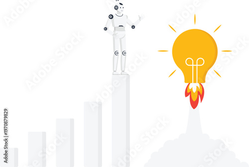 Humanoid robot standing on progress chart watching lightbulb rocket launch symbolizing artificial intelligence business growth and innovative idea rapid development technology future