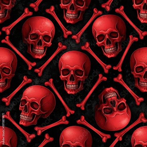 Red Skulls and Crossbones Pattern on Dark Background, Halloween Design