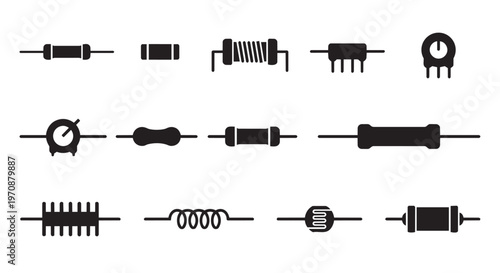 PrintElectronic Resistor and Circuit Component Icons - Set of Black Vector Silhouettes for Electrical Engineering and Technology Design.