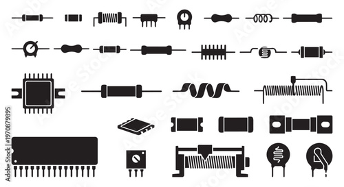 PrintElectronic Resistor Icons Set - Professional Black Vector Silhouettes of Circuit Components on Isolated White Background.
